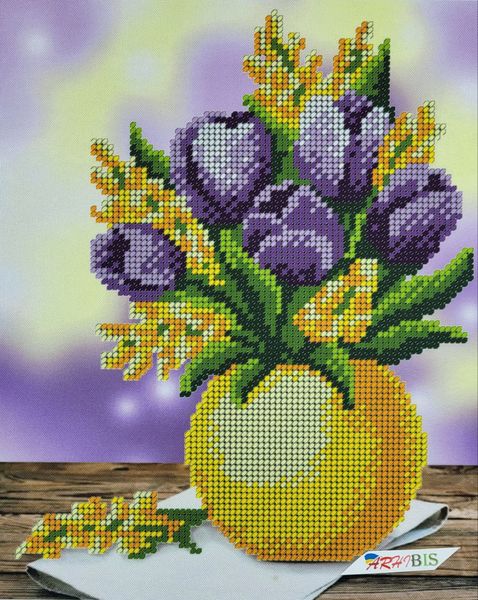 А4Н_569 Весняний букет, набір для вишивання бісером картини з тюльпанами та мімозою А4Н_569 фото