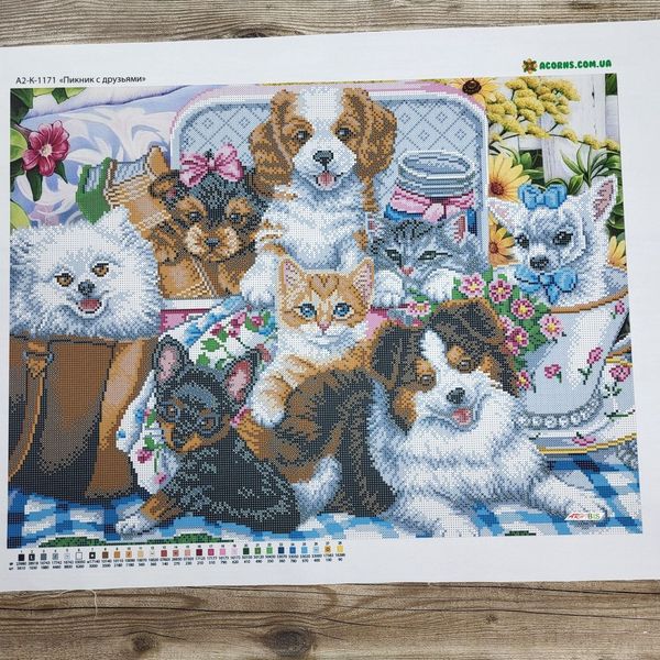 А2-К-1171 Пікнік із друзями, схема для вишивання бісером картини з котами і собаками схема-ак-А2-К-1171 фото