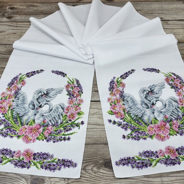 8067 Large Wedding Towel 220*30 cm with Swans, bead embroidery blank