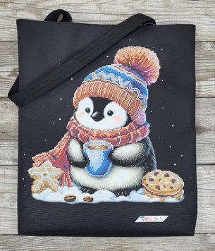 Шоппер_722 Пингвинчик с кофе (32,5*39 см), набор для вышивки бисером шоппера Шоппер_722 фото