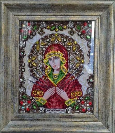 ЖК-4014 Mother of God of the Seven Arrows in Pearls and Crystals (21*25 cm), bead embroidery kit of the icon