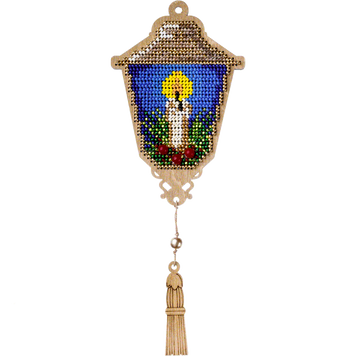 FLK-453 Lantern with a Candle, bead embroidery on wood kit for a Christmas tree ornament