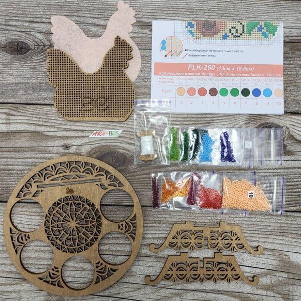 FLK-260 Hen bead embroidery kit on wood for an egg stand