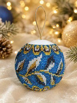 M420 Golden Ornament Aquamarine, beaded Christmas bauble kit