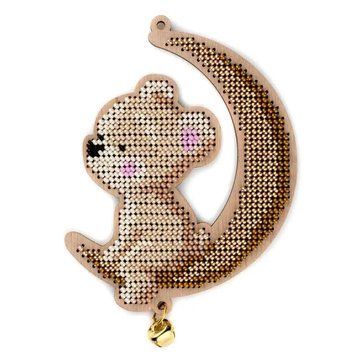 FLK-509 Bear and the Moon, bead embroidery kit of a Christmas tree toy on wood
