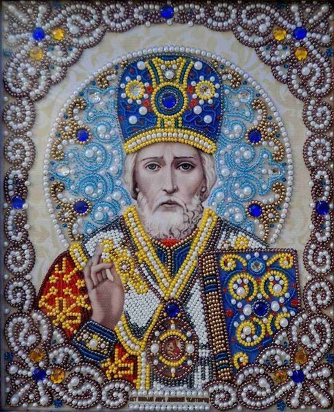 ЖЛ-4703 Святий Миколай у перлах та кристалах (21*25 см), набір для вишивання бісером ікони ЖЛ-4703 фото