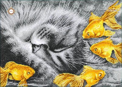 СЛ-3444 Золотые мечты, набор для вышивки бисером картины с котом и золотыми рыбками СЛ-3444 фото