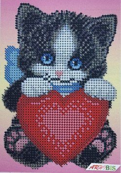 А6-Д-075 Cat with a Heart (10,5*15 cm), bead embroidery picture kit