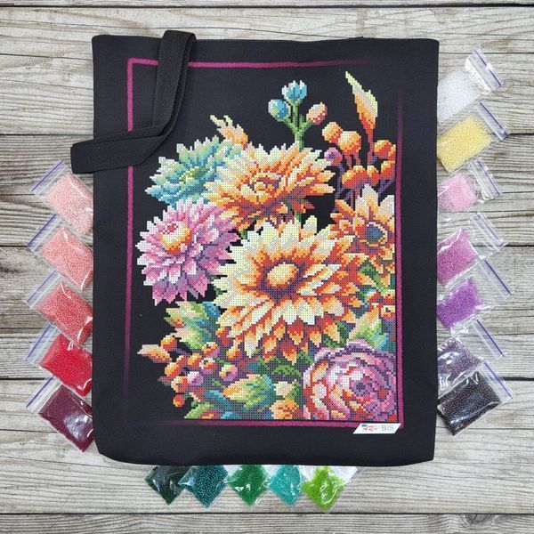 Шоппер_717 Dahlia Bouquet (32,5*39 cm), bead embroidery kit of the tote bag