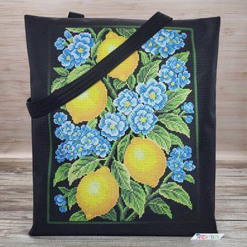 Shopper_651 Lemons with Pale Blue Flowers (38&times;42 cm), bead embroidery kit for a tote bag