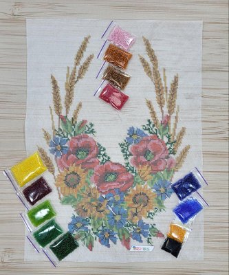 Ф-009 Польові квіти з колосками, набір для вишивки бісером по водорозчинному флізеліну Ф-009 фото