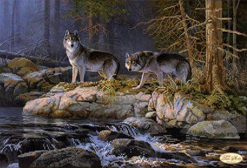 TK-002 By the River (30*44 cm), bead embroidery pattern of the picture with wolves