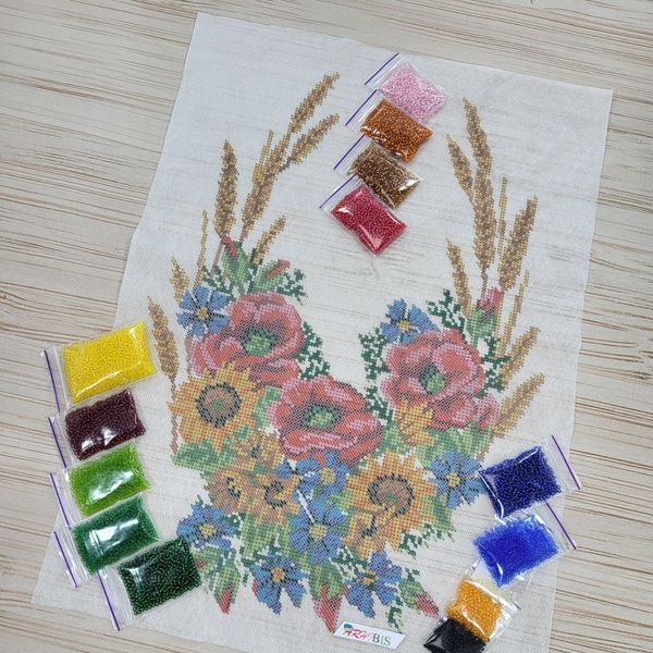 Ф-009 Польові квіти з колосками, набір для вишивки бісером по водорозчинному флізеліну Д 01214 фото