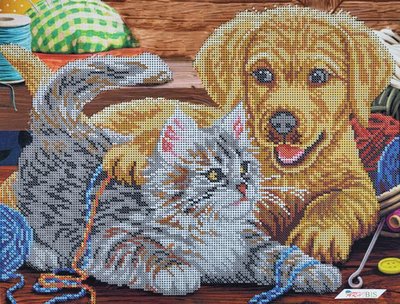 3560 Пухнастики, набір для вишивання бісером картини з котом та собакою 3560 фото