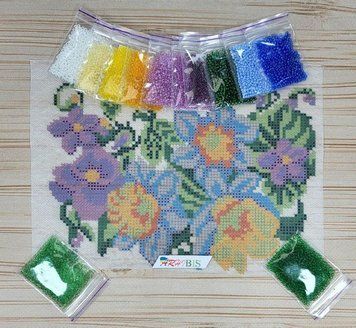 Ф-29 Daffodils and Violets (15*21 cm), bead embroidery kit on water-soluble interfacing