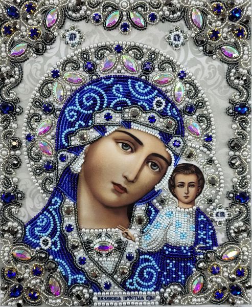 ЖК-4003 Богородица Казанская в серебре с жемчугом и камнями, схема для вышивки иконы схема-бл-ЖК-4003 фото
