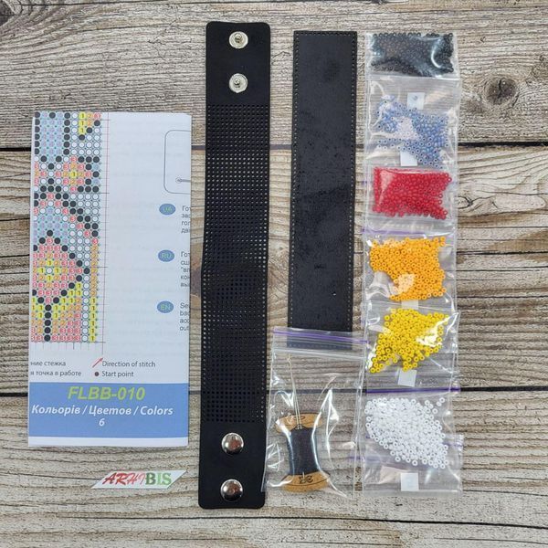 FLBB-010 Bead Embroidery Bracelet Kit on Black Eco Leather, 3x22 cm