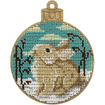 FLK-462 Bauble with a Rabbit, bead embroidery on wood kit for a Christmas tree ornament