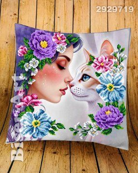 2929719 Подушка Дівчина з котиком (30*30 см), заготовка для вишивки бісером схема-ба-2929719 фото